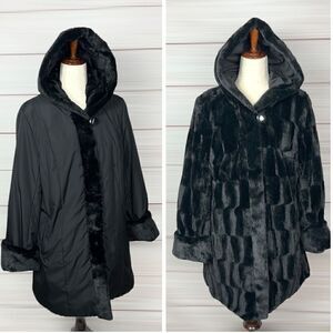 NWT New Dennis Basso Hooded Reversible Black Faux Fur Short Coat Jacket S
